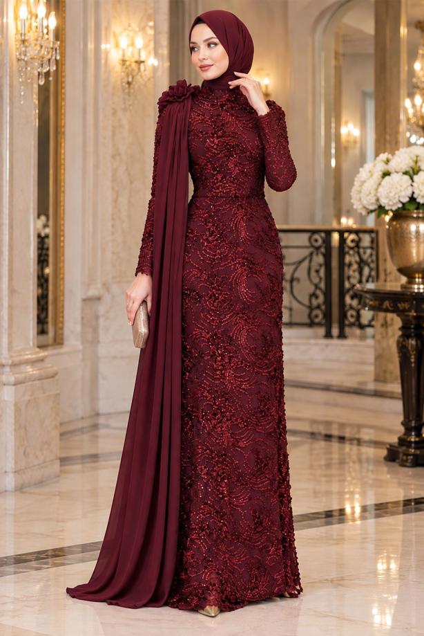 Tesettür giyim BORDO PELERİN DETAYLI ABİYE ELBİSE T 8763 - TRENDTESETTÜR