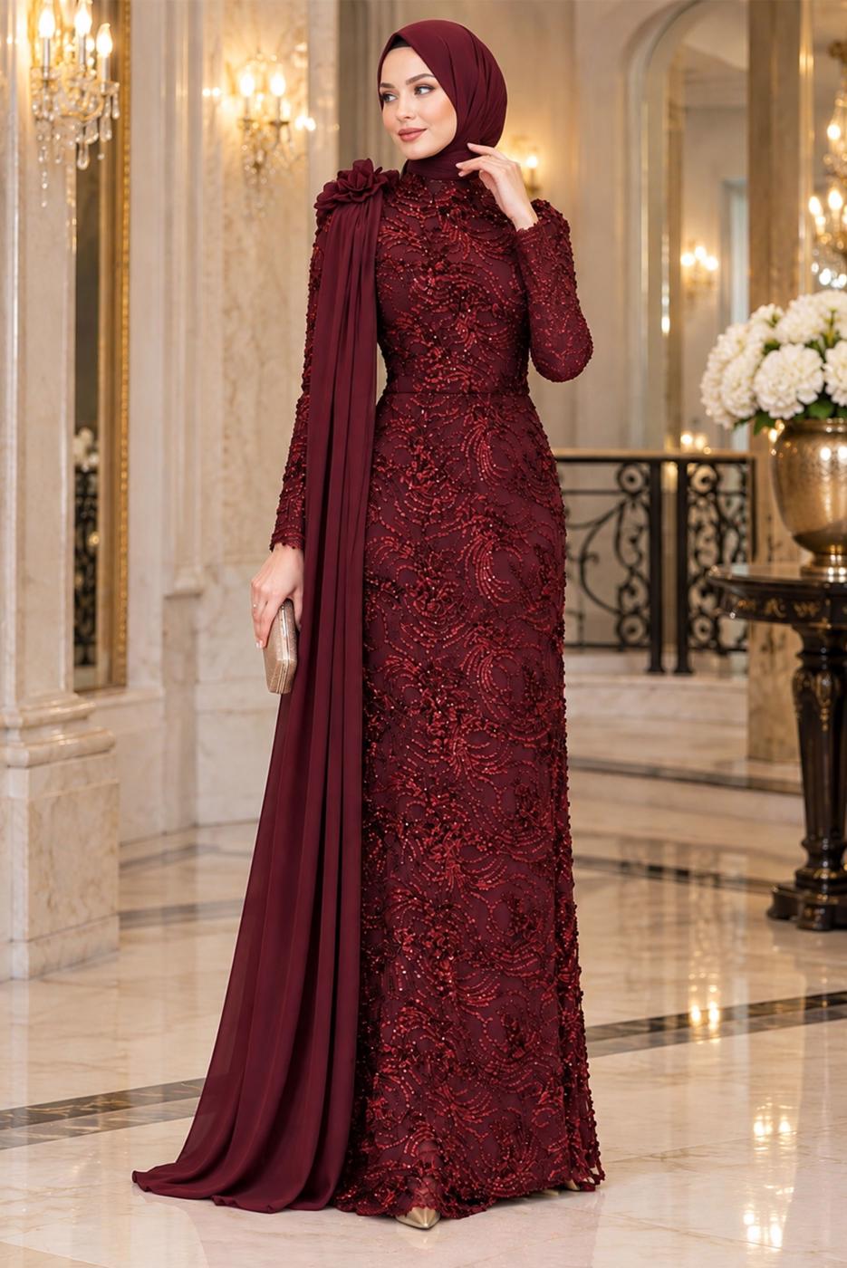 Tesettür giyim BORDO PELERİN DETAYLI ABİYE ELBİSE T 8763