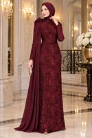 Tesettür giyim BORDO PELERİN DETAYLI ABİYE ELBİSE T 8763