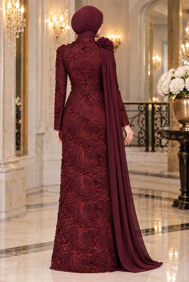 Tesettür giyim BORDO PELERİN DETAYLI ABİYE ELBİSE T 8763 - TRENDTESETTÜR