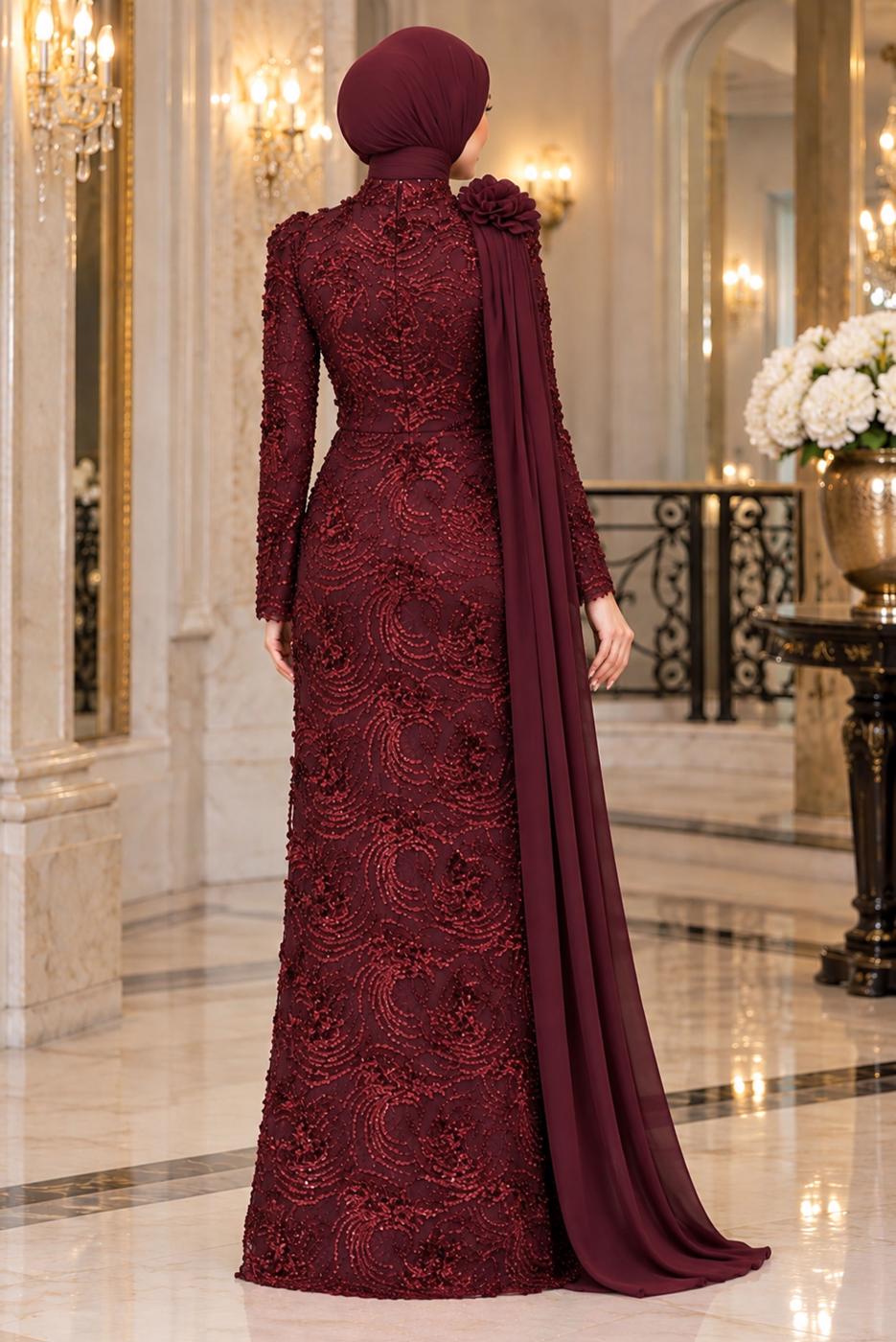 Tesettür giyim BORDO PELERİN DETAYLI ABİYE ELBİSE T 8763
