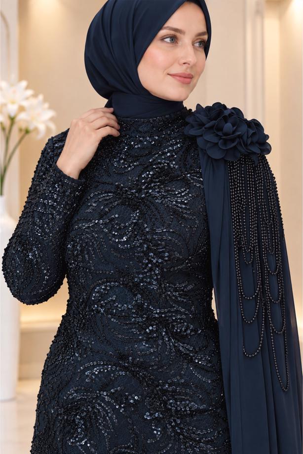 Tesettür giyim LACİVERT T 8763 AH PELERİN DETAYLI ABİYE ELBİSE - TRENDTESETTÜR