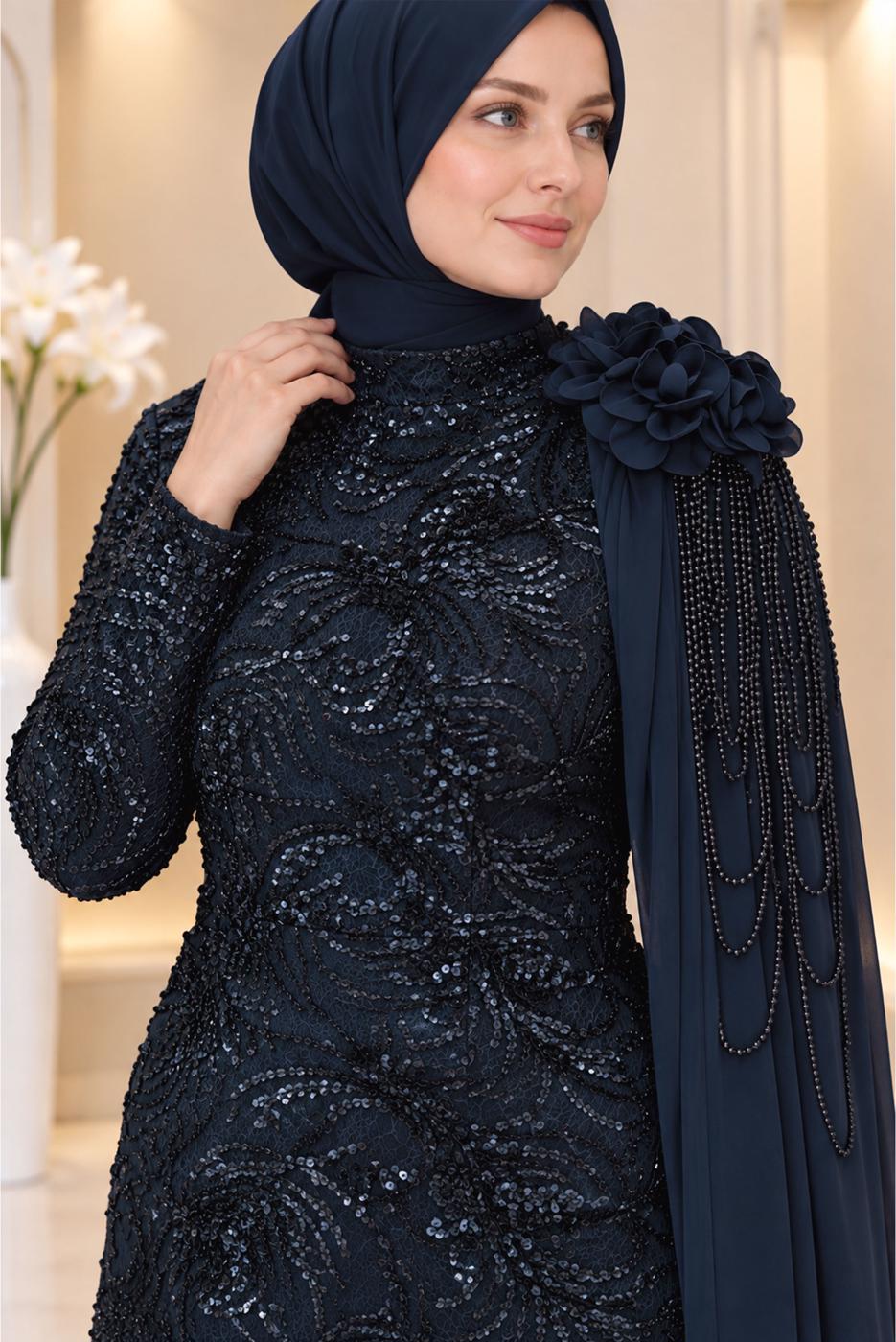Tesettür giyim LACİVERT T 8763 AH PELERİN DETAYLI ABİYE ELBİSE