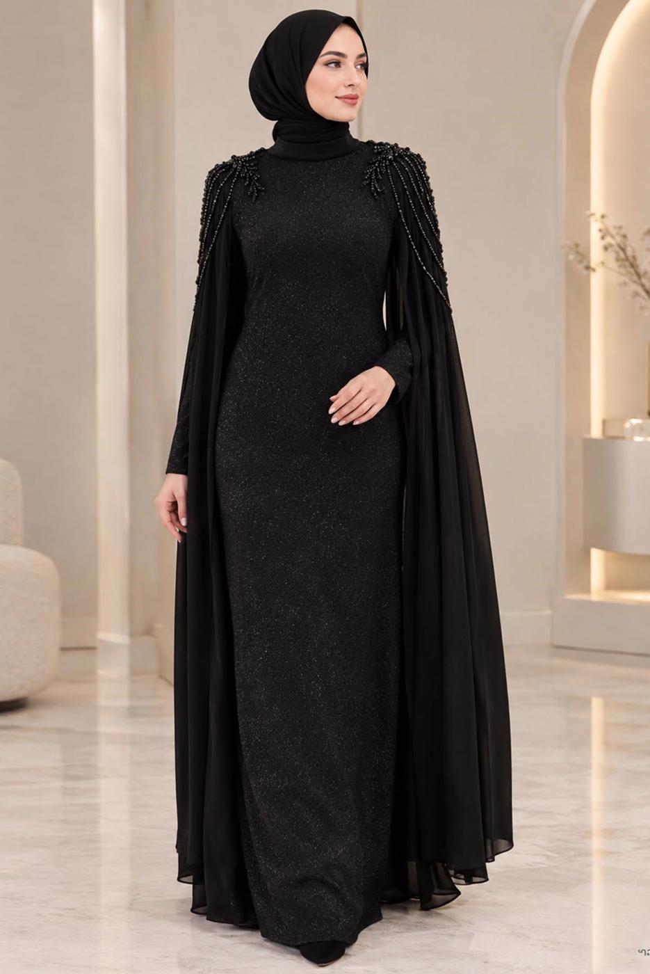 Tesettür giyim SİYAH T 9441 AH PELERİN DETAYLI ABİYE ELBİSE