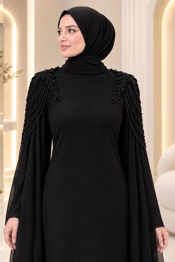 Tesettür giyim SİYAH T 9441 AH PELERİN DETAYLI ABİYE ELBİSE - TRENDTESETTÜR