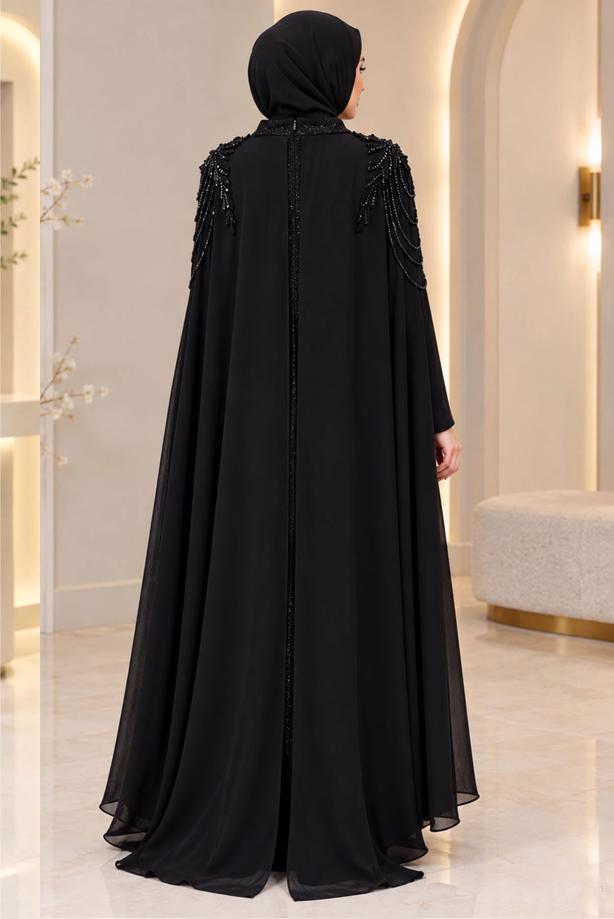 Tesettür giyim SİYAH T 9441 AH PELERİN DETAYLI ABİYE ELBİSE - TRENDTESETTÜR