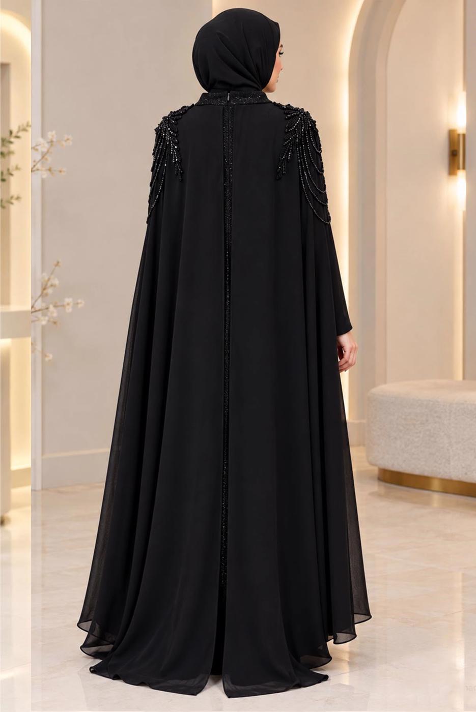 Tesettür giyim SİYAH T 9441 AH PELERİN DETAYLI ABİYE ELBİSE