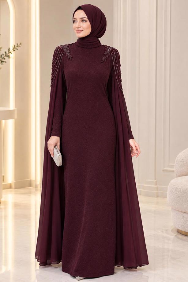 Tesettür giyim BORDO PELERİN DETAYLI ABİYE ELBİSE T 9441 - TRENDTESETTÜR