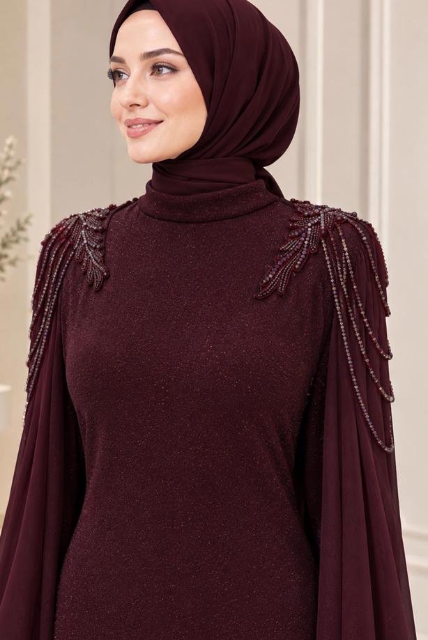 Tesettür giyim BORDO PELERİN DETAYLI ABİYE ELBİSE T 9441 - TRENDTESETTÜR