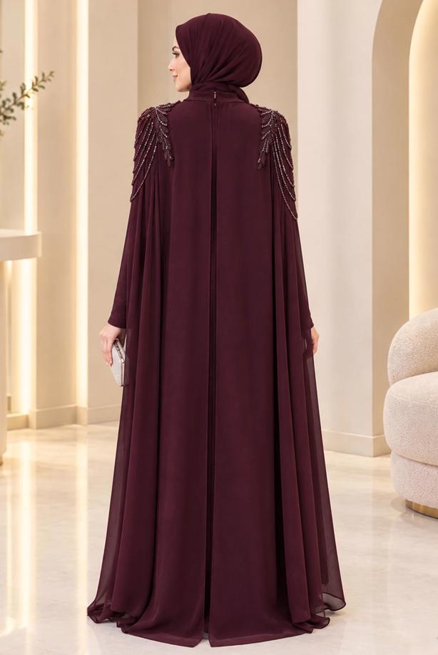 Tesettür giyim BORDO PELERİN DETAYLI ABİYE ELBİSE T 9441 - TRENDTESETTÜR