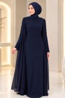 Tesettür giyim LACİVERT T 9441 AH PELERİN DETAYLI ABİYE ELBİSE