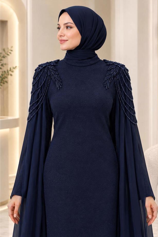 Tesettür giyim LACİVERT T 9441 AH PELERİN DETAYLI ABİYE ELBİSE - TRENDTESETTÜR