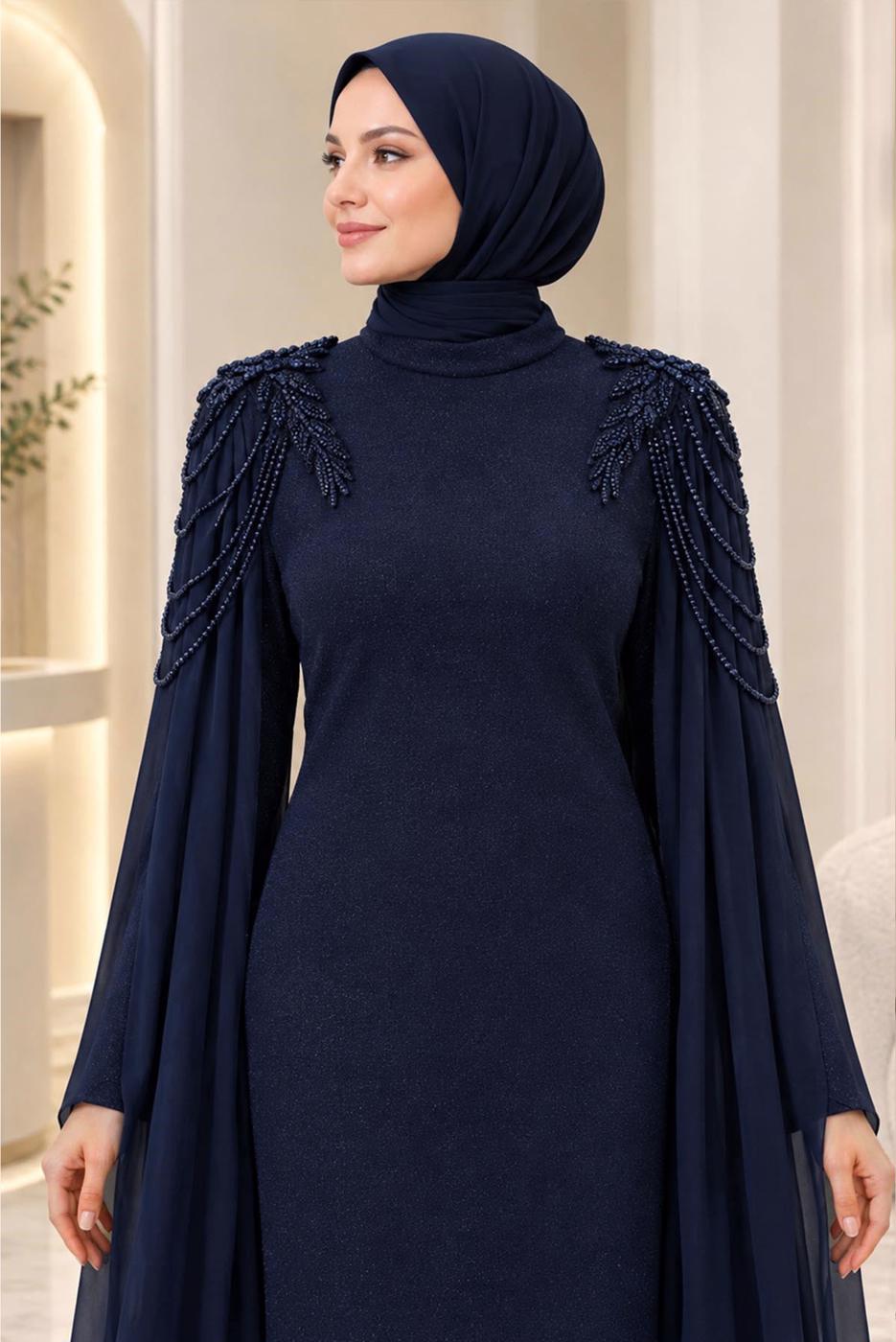 Tesettür giyim LACİVERT T 9441 AH PELERİN DETAYLI ABİYE ELBİSE