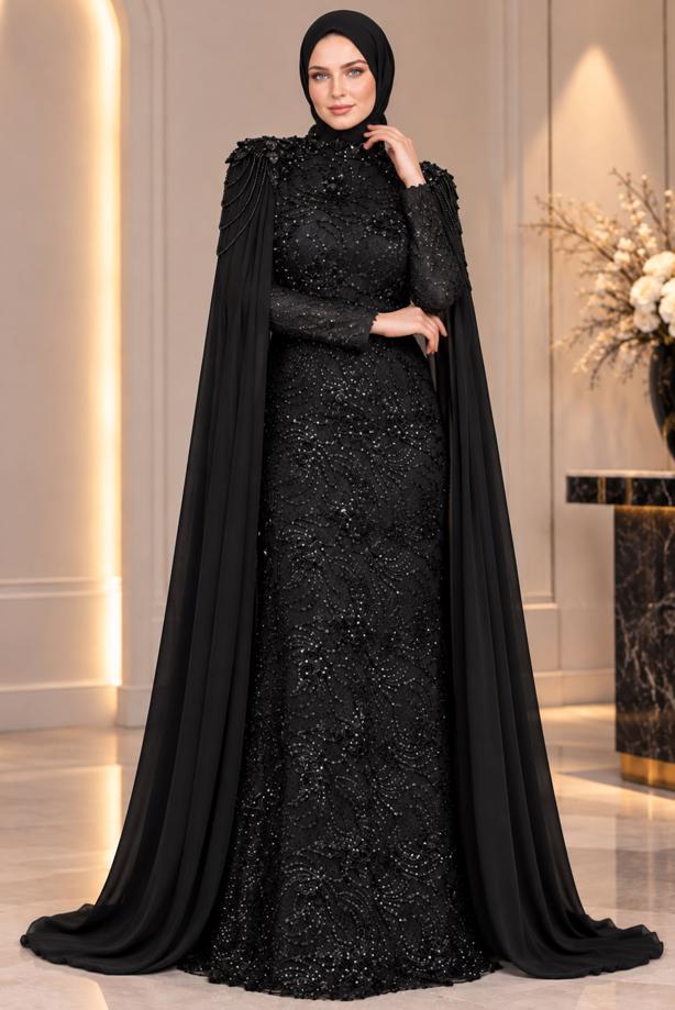 Vêtements hijab NOIR ROBE DE SOIRÉE DÉTAIL CAPE T 9763 - TRENDTESETTÜR