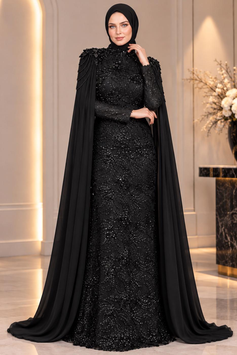 Vêtements hijab NOIR ROBE DE SOIRÉE DÉTAIL CAPE T 9763