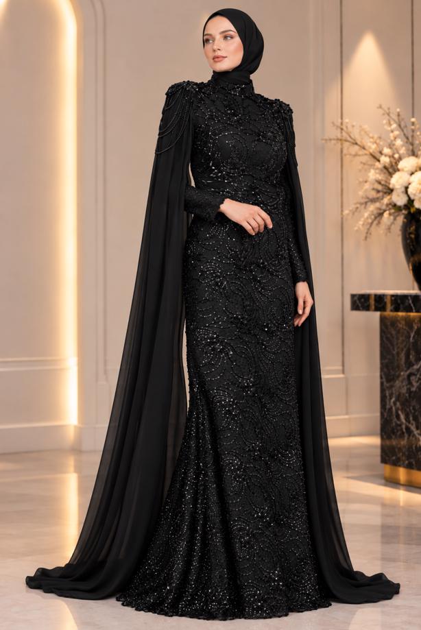 Vêtements hijab NOIR ROBE DE SOIRÉE DÉTAIL CAPE T 9763 - TRENDTESETTÜR