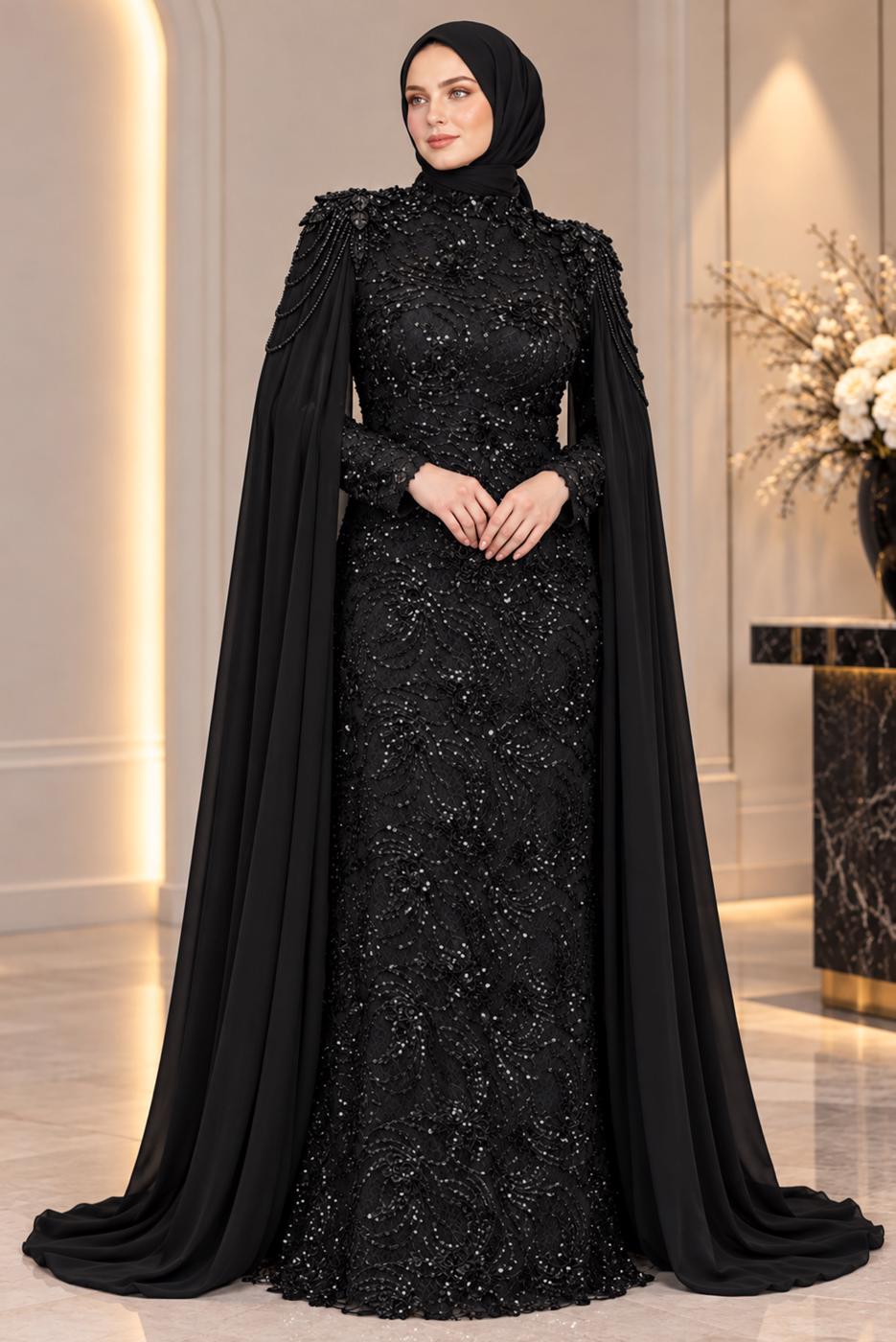 Vêtements hijab NOIR ROBE DE SOIRÉE DÉTAIL CAPE T 9763