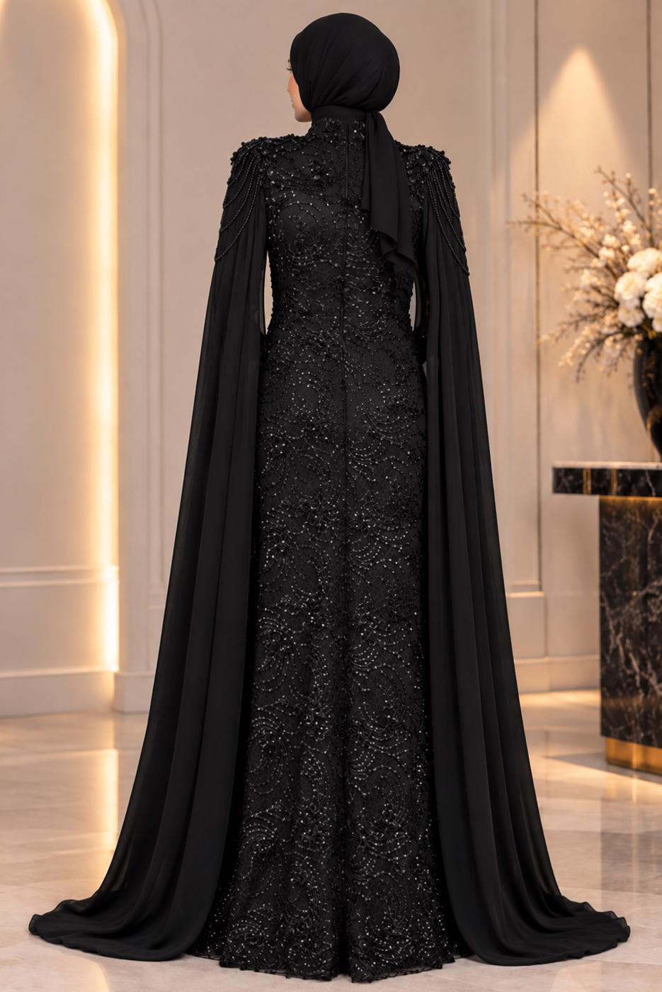 Vêtements hijab NOIR ROBE DE SOIRÉE DÉTAIL CAPE T 9763