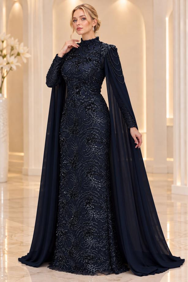 Vêtements hijab BLEU MARINE ROBE DE SOIRÉE DÉTAIL CAPE T 9763 - TRENDTESETTÜR