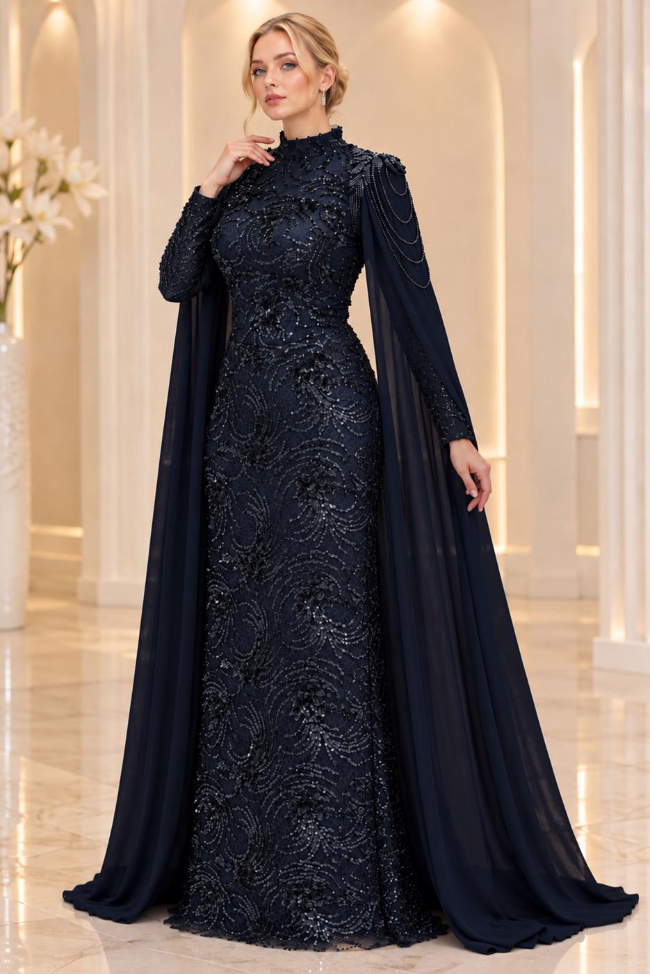 Vêtements hijab BLEU MARINE ROBE DE SOIRÉE DÉTAIL CAPE T 9763