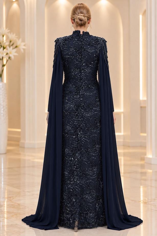 Vêtements hijab BLEU MARINE ROBE DE SOIRÉE DÉTAIL CAPE T 9763 - TRENDTESETTÜR