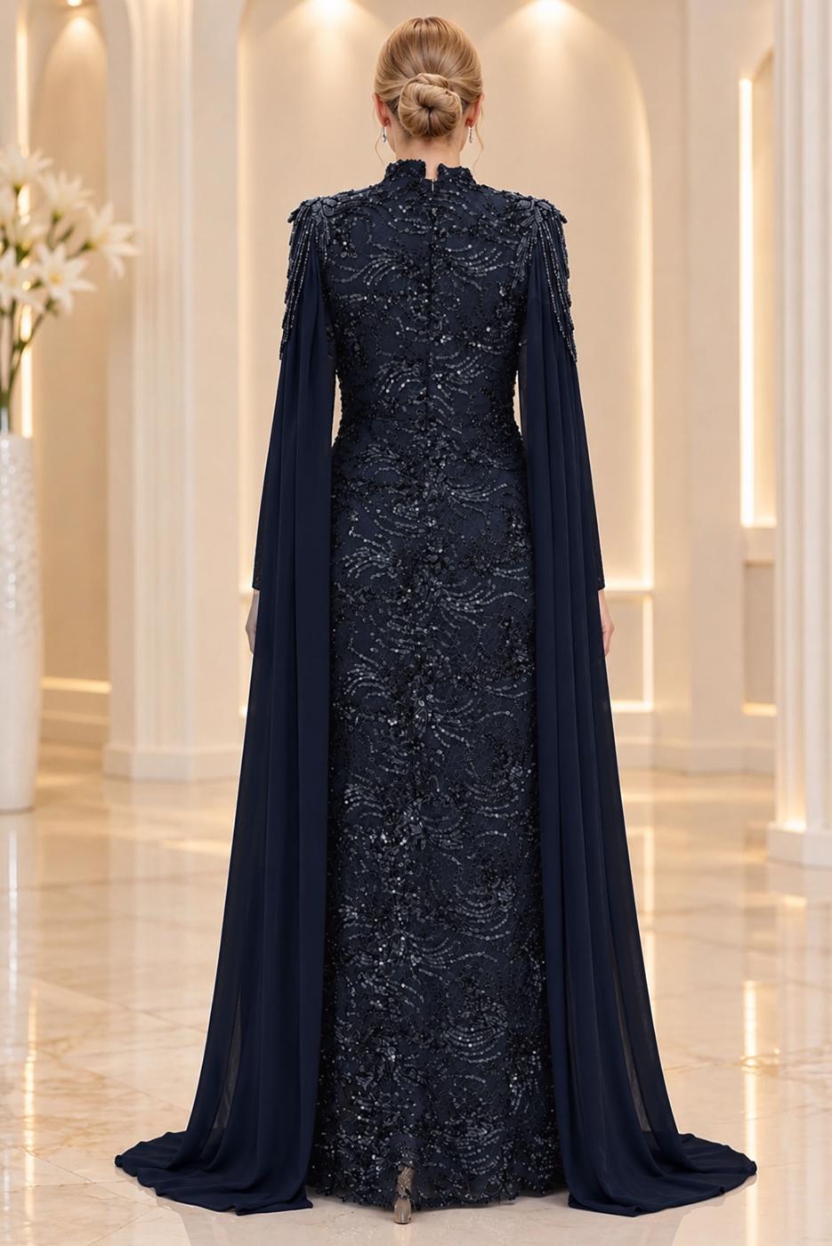 Vêtements hijab BLEU MARINE ROBE DE SOIRÉE DÉTAIL CAPE T 9763