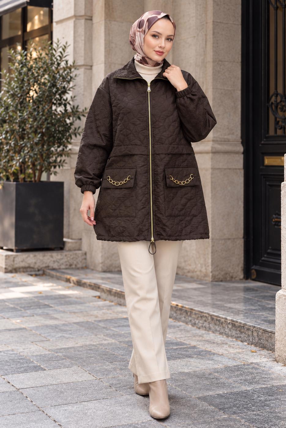 Hijab clothing BROWN CHAIN DETAIL QUILTED JACKET T 2803