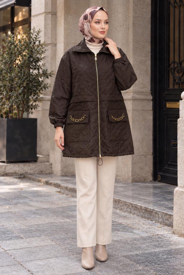 Hijab clothing BROWN CHAIN DETAIL QUILTED JACKET T 2803 - TRENDTESETTÜR