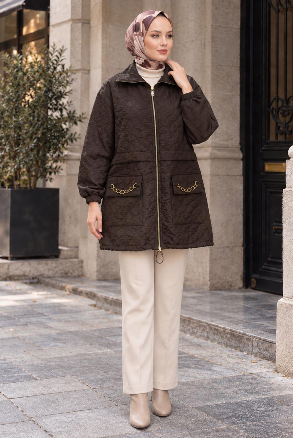 Hijab clothing BROWN CHAIN DETAIL QUILTED JACKET T 2803
