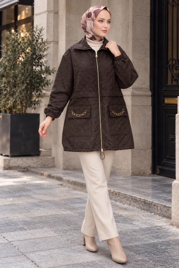 Hijab clothing BROWN CHAIN DETAIL QUILTED JACKET T 2803 - TRENDTESETTÜR