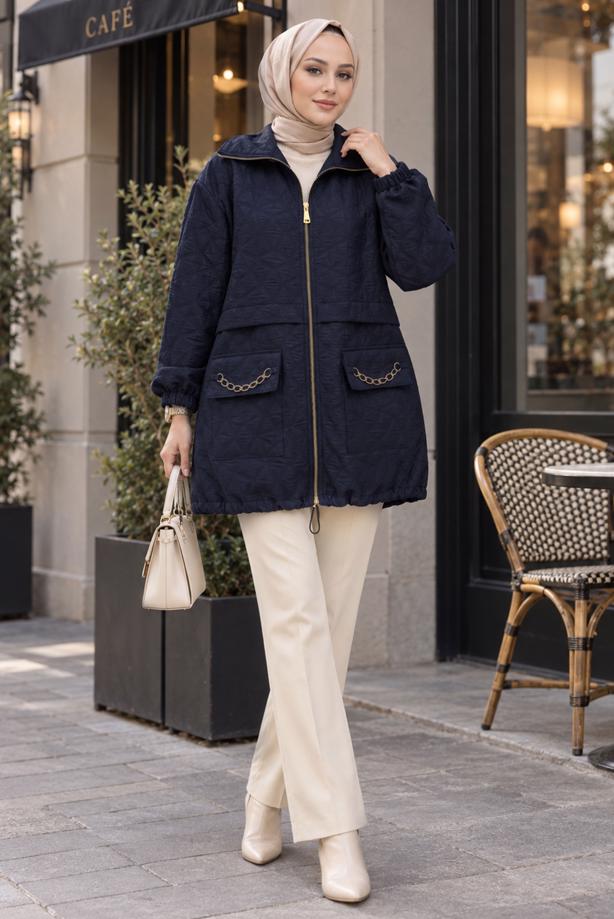 Hijab clothing NAVY BLUE CHAIN DETAIL QUILTED JACKET T 2803 - TRENDTESETTÜR