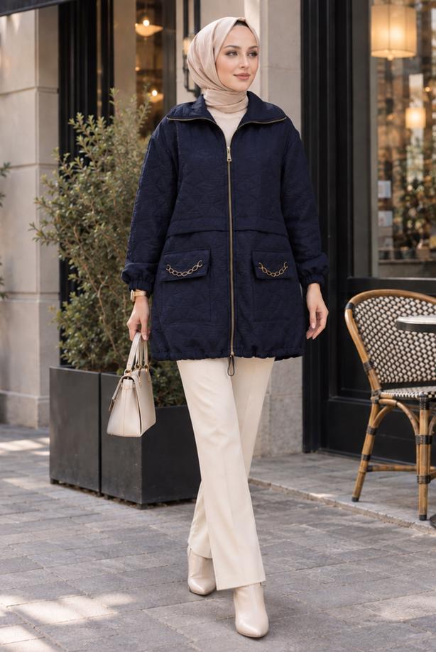Hijab clothing NAVY BLUE CHAIN DETAIL QUILTED JACKET T 2803 - TRENDTESETTÜR