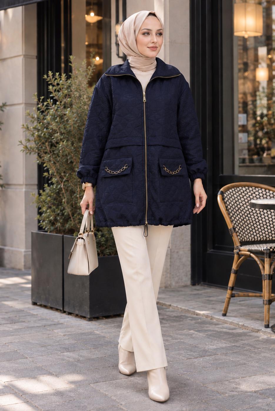 Hijab clothing NAVY BLUE CHAIN DETAIL QUILTED JACKET T 2803