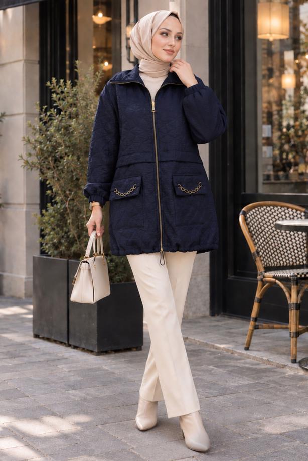Hijab clothing NAVY BLUE CHAIN DETAIL QUILTED JACKET T 2803 - TRENDTESETTÜR
