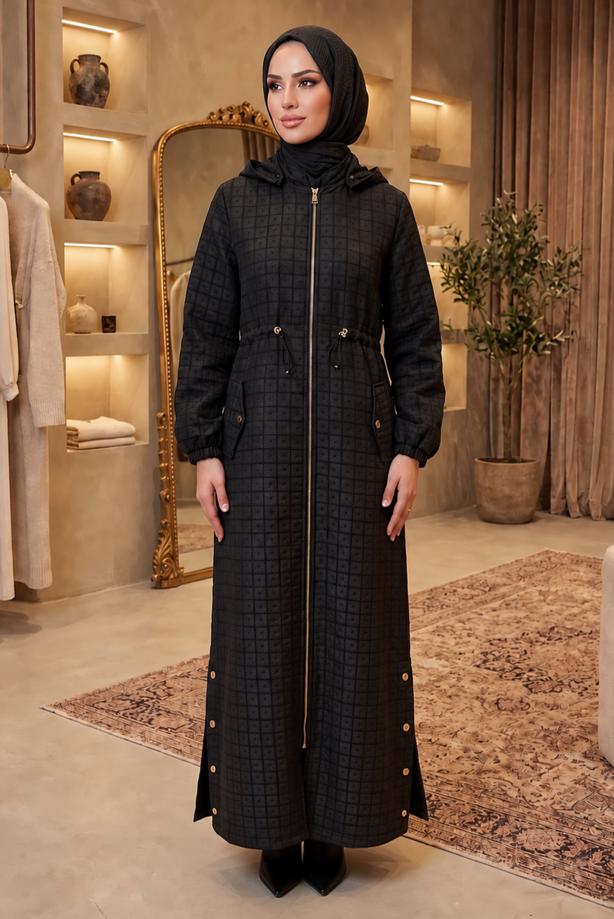 Tesettür giyim SİYAH BELİ BÜZGÜLÜ CEKET T 6403 - TRENDTESETTÜR