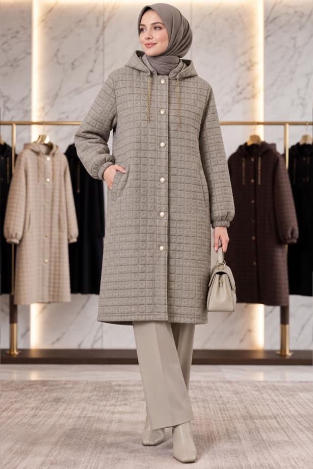 Tesettür giyim BEJ T 7802 DFL ZİNCİR DETAYLI CEKET - TRENDTESETTÜR