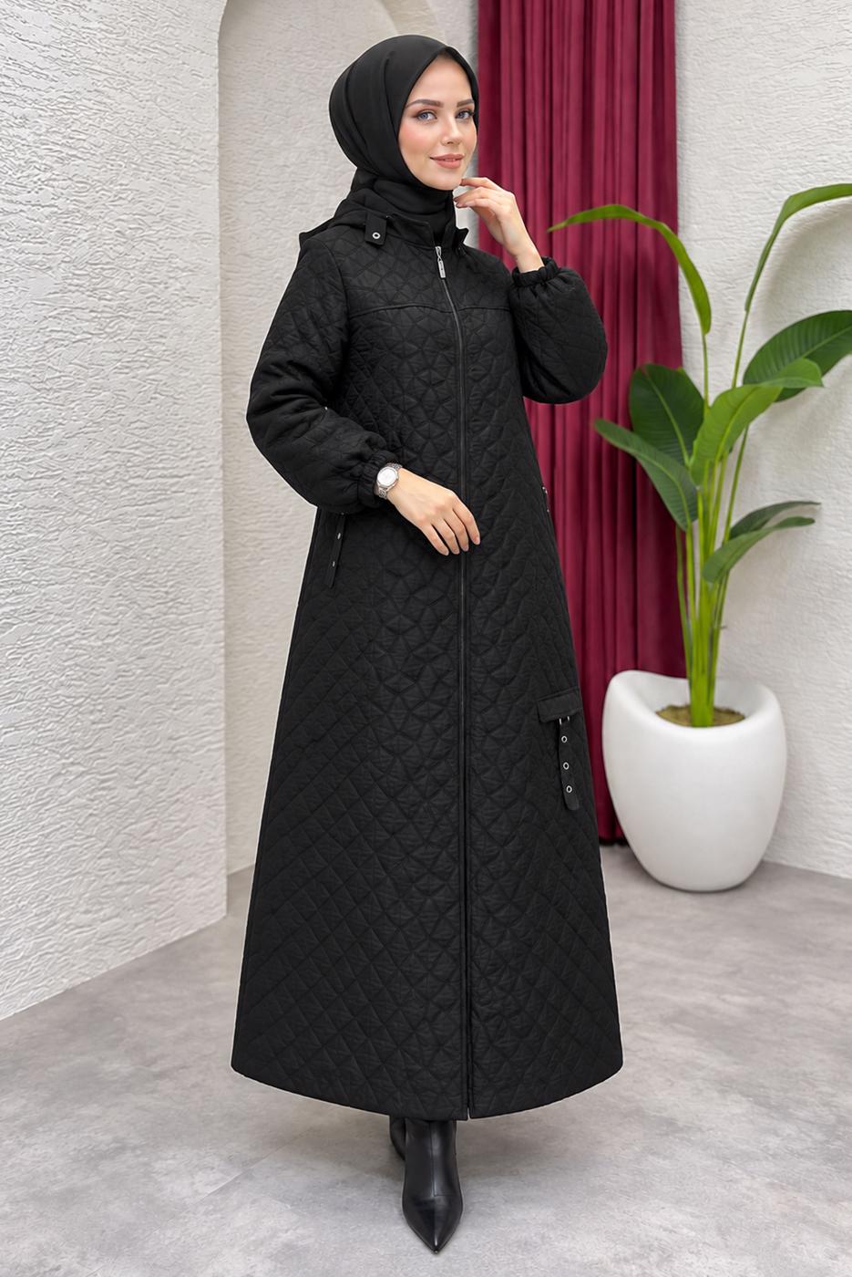 Hijab clothing BLACK HOODED QUILTED COAT T 8203