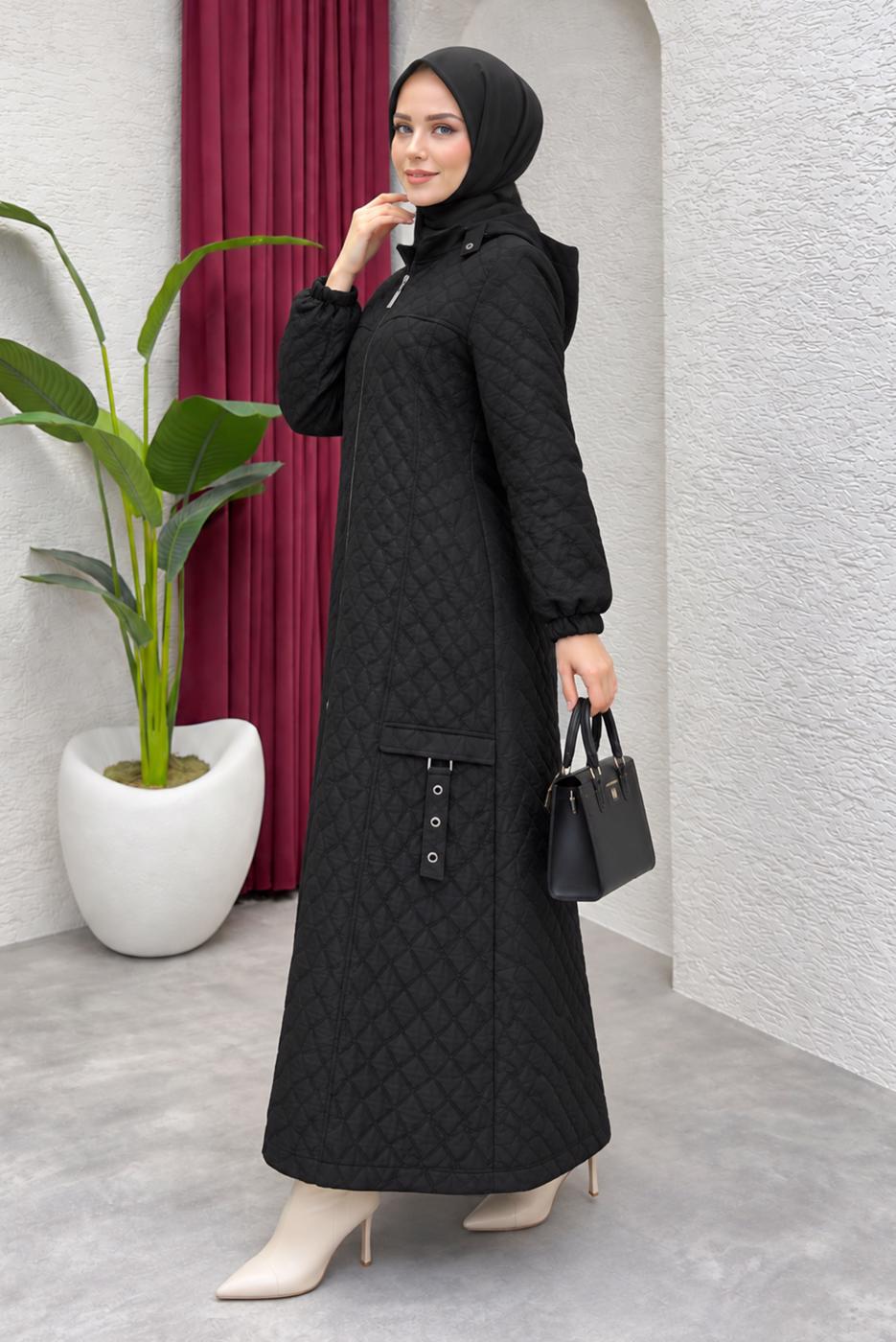 Hijab clothing BLACK HOODED QUILTED COAT T 8203