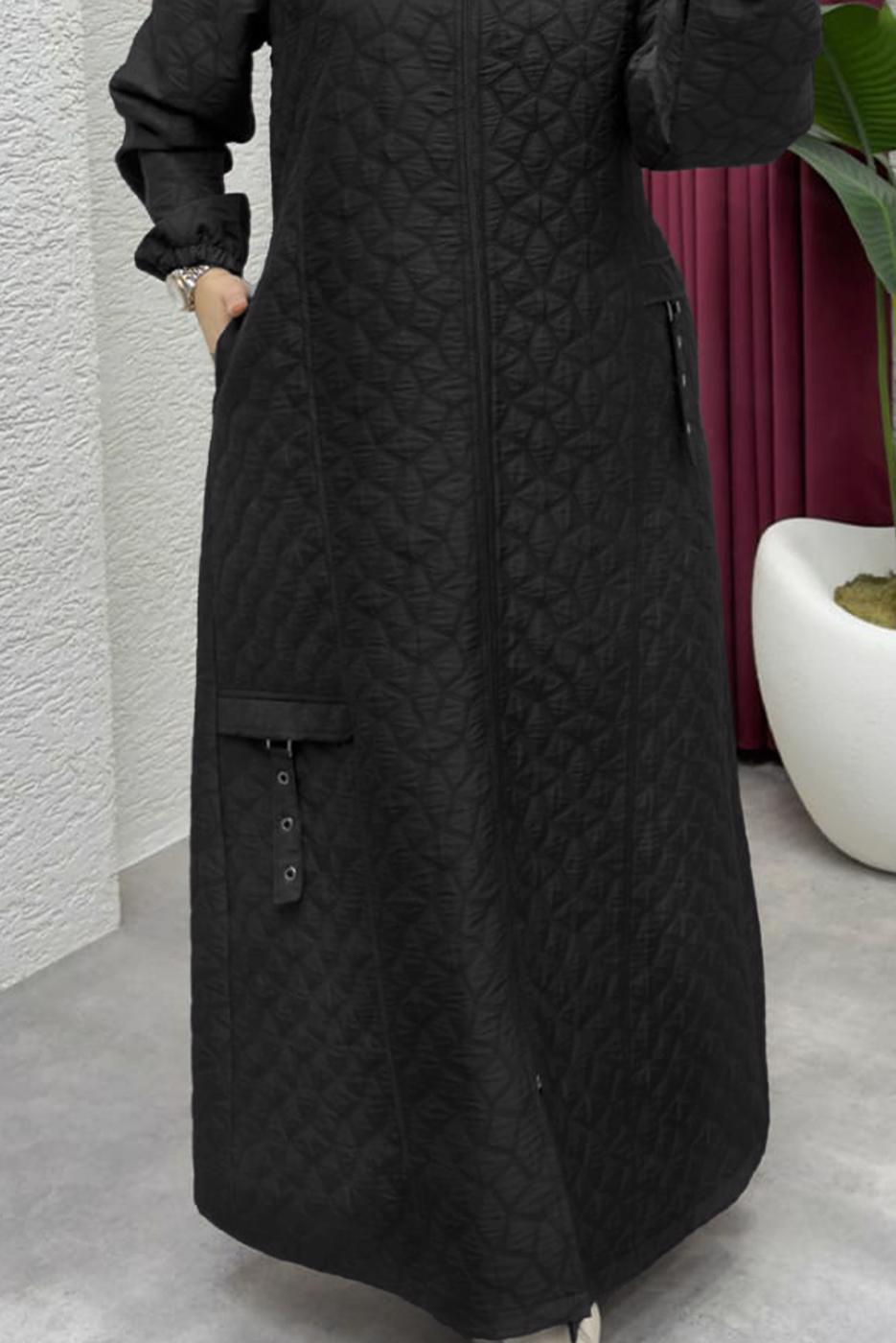Hijab clothing BLACK HOODED QUILTED COAT T 8203