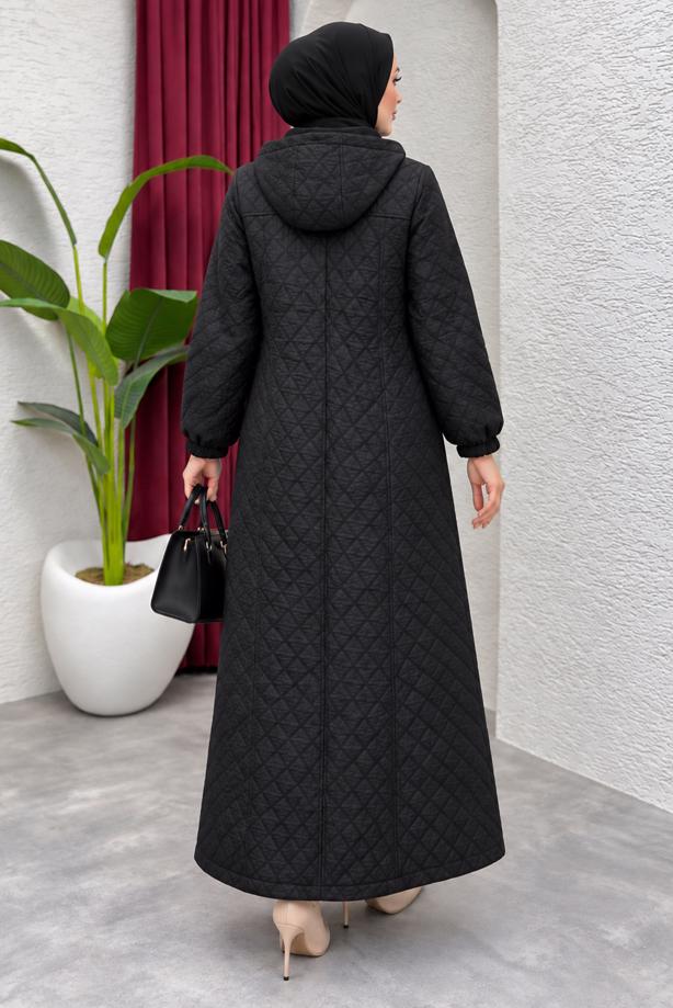 Hijab clothing BLACK HOODED QUILTED COAT T 8203 - TRENDTESETTÜR