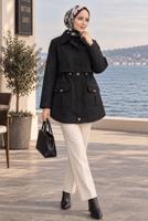 Tesettür giyim SİYAH BELİ BÜZGÜLÜ KAPİTONE CEKET T 8803