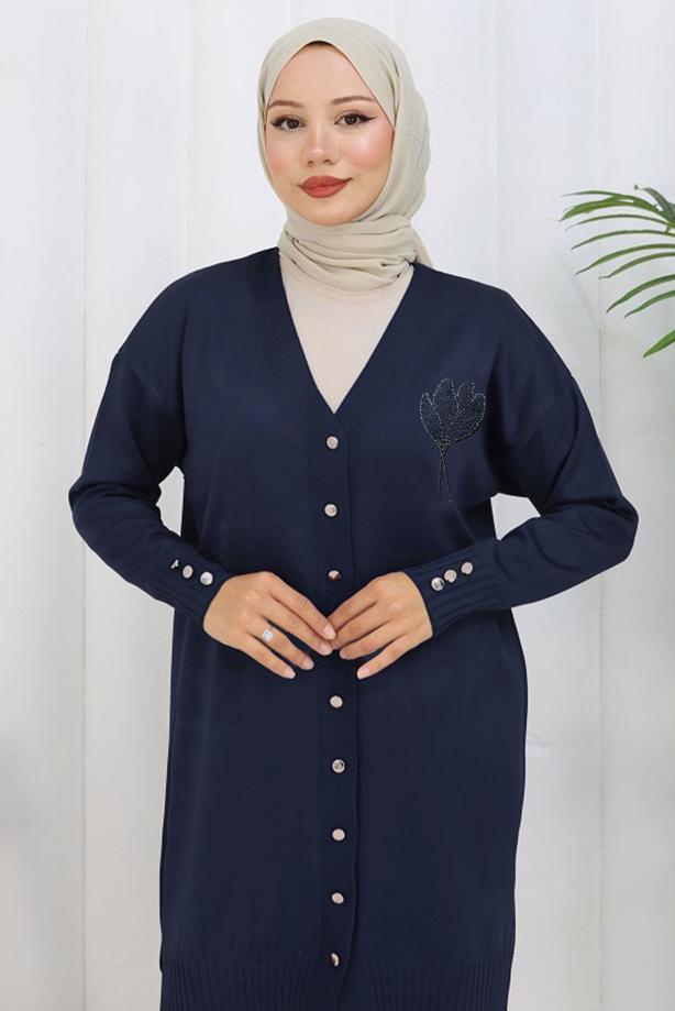 Tesettür giyim LACİVERT UZUN TRİKO HIRKA T 0623-1 - TRENDTESETTÜR