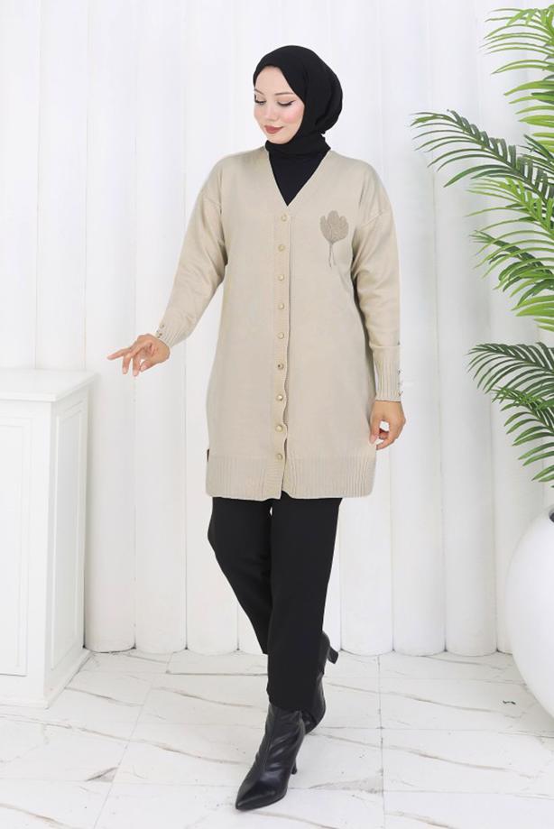 Tesettür giyim BEJ UZUN TRİKO HIRKA T 0623-1 - TRENDTESETTÜR