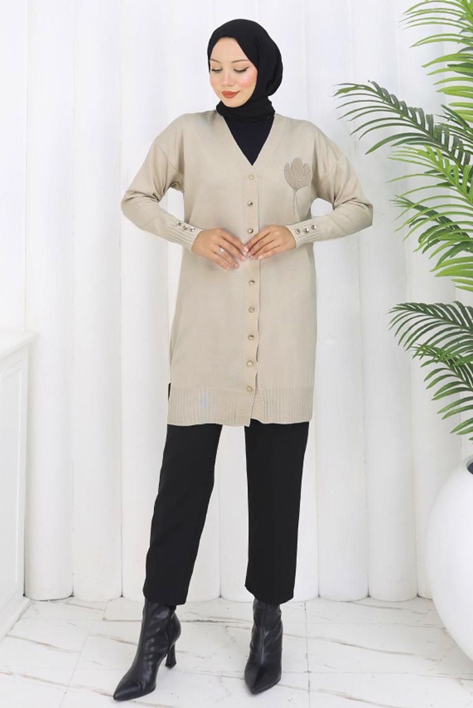 Tesettür giyim BEJ V YAKA TRİKO HIRKA T 0623-1