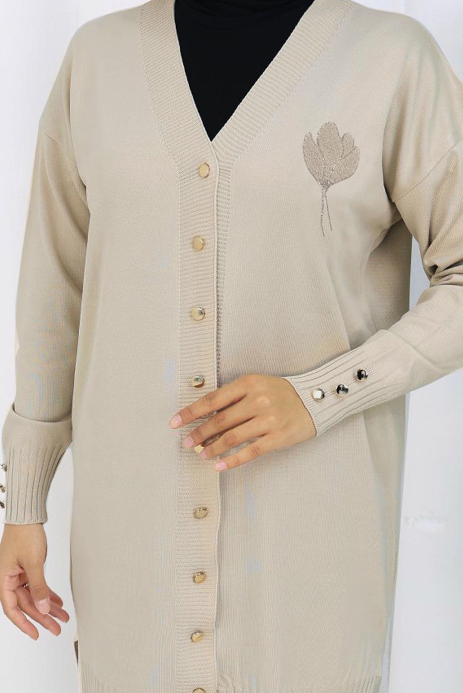 Tesettür giyim BEJ V YAKA TRİKO HIRKA T 0623-1