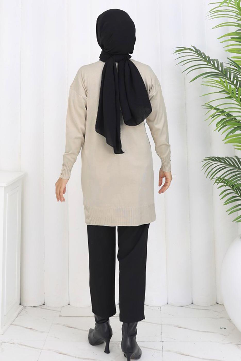Tesettür giyim BEJ V YAKA TRİKO HIRKA T 0623-1