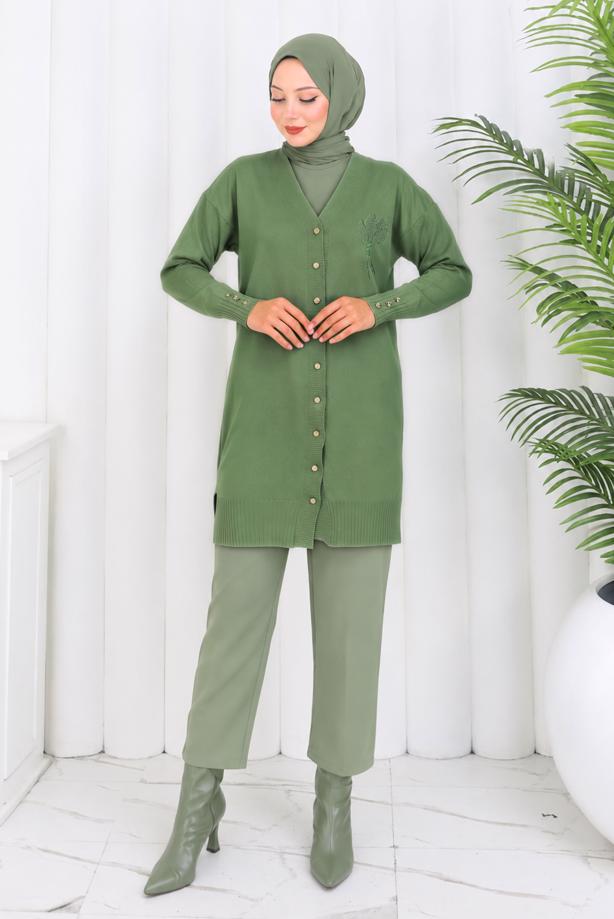 Tesettür giyim YEŞİL UZUN TRİKO HIRKA T 0623-1 - TRENDTESETTÜR