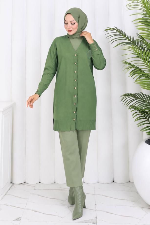 Tesettür giyim YEŞİL UZUN TRİKO HIRKA T 0623-1 - TRENDTESETTÜR