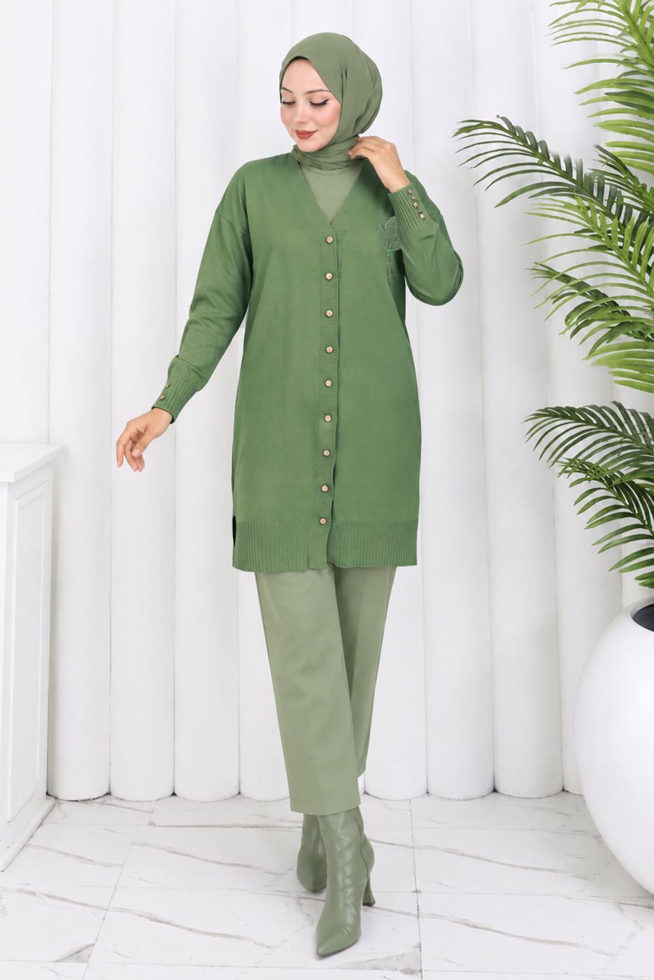 Tesettür giyim YEŞİL V YAKA TRİKO HIRKA T 0623-1