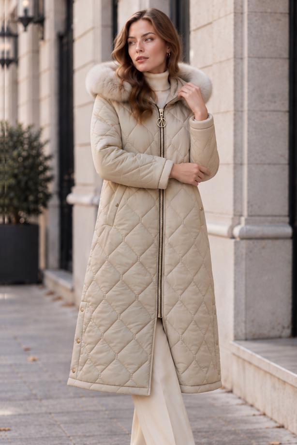 Tesettür giyim BEJ T 0105 DFL KAPÜŞONLU KAPİTONE MONT - TRENDTESETTÜR